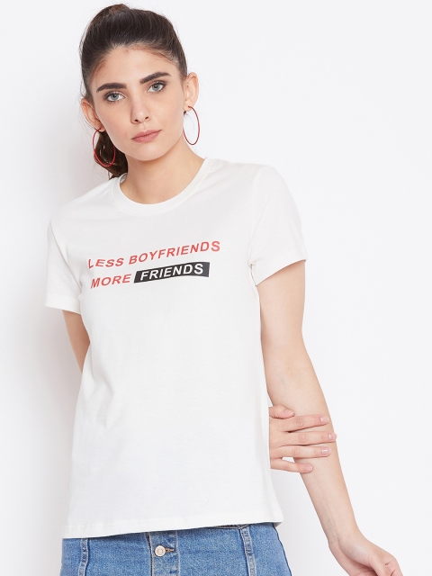 

THE SILHOUETTE STORE Women White Printed Round Neck T-shirt