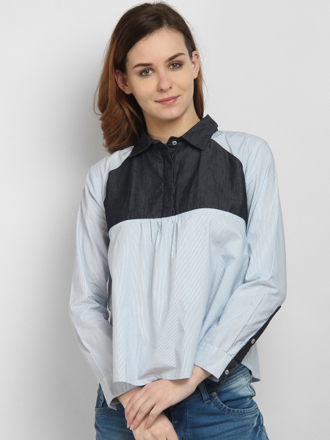 

LA LOFT Women Blue & Black Regular Fit Colourblocked Casual Shirt
