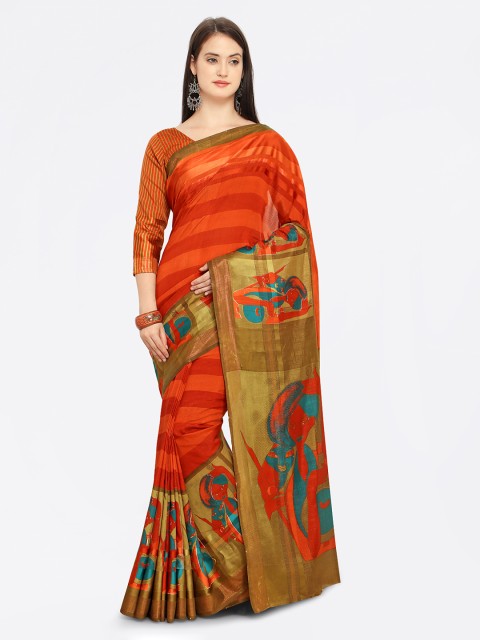 

Shaily Orange & Red Satin Printed Saree
