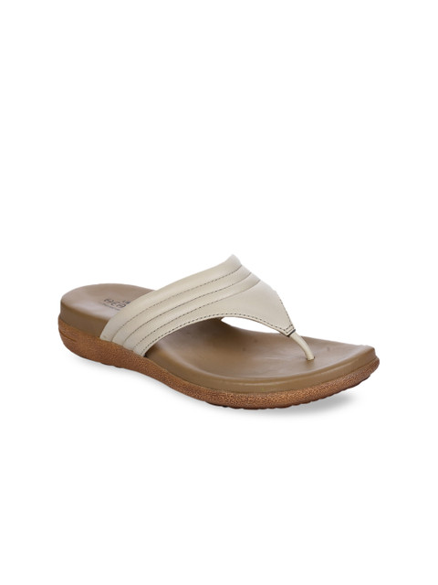 

Healers Women Beige Solid Leather Open Toe Flats with Quilted Detail