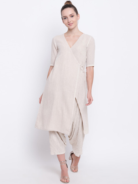 

trueBrowns Women Beige Woven Design A-Line Kurta