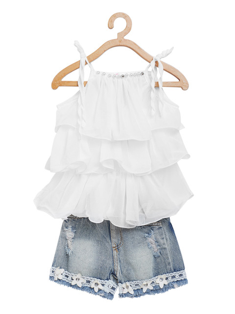 

Camey Girls White & Blue Solid Top with Denim Shorts