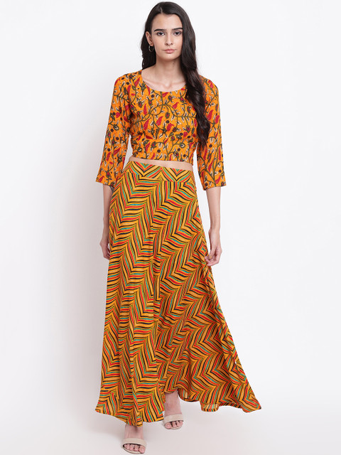 

trueBrowns Women Mustard Yellow & Red Printed Crop Top with Skirt