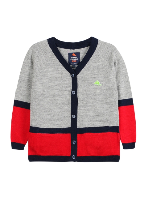 

Cherry Crumble Boys Grey Melange & Red Colourblocked Cardigan