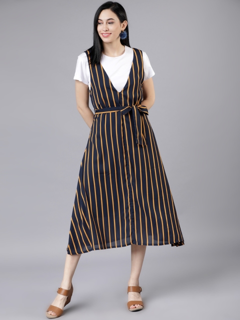 

Tokyo Talkies Women Navy Blue & Yellow Pinafore Dress