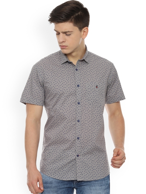 Louis Philippe Men Grey & Navy Blue Slim Fit Printed Casual Shirt