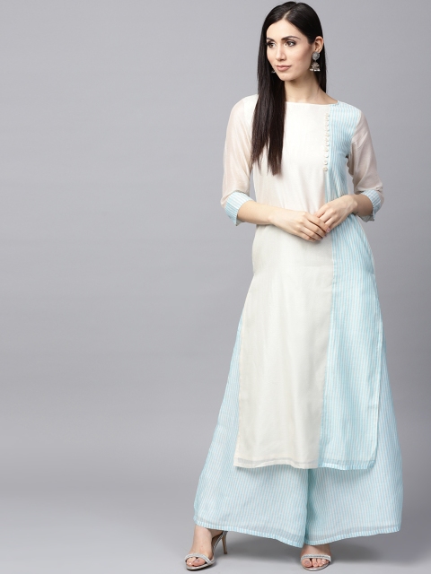 

Shakumbhari Women Off-White & Blue Striped Straight Kurta