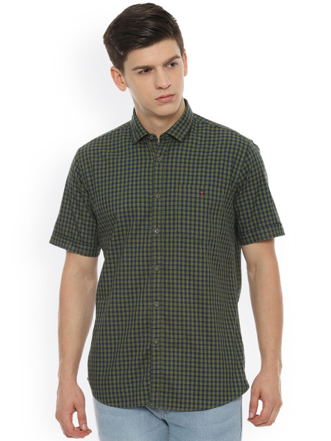 

Louis Philippe Men Olive Green & Navy Blue Slim Fit Checked Casual Shirt