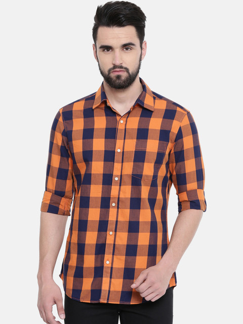 

IMYOUNG Men Orange & Blue Slim Fit Checked Casual Shirt
