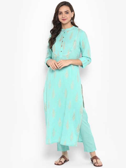 

Janasya Women Sea Green Printed Kurta with Trousers