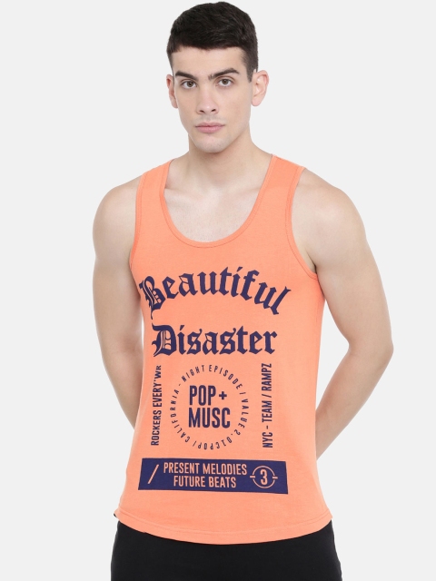

IMYOUNG Men Peach-Coloured Printed Scoop Neck T-shirt