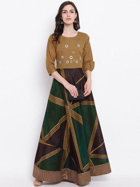 

Kvsfab Women Mustard Yellow & Green Colourblocked Maxi Dress