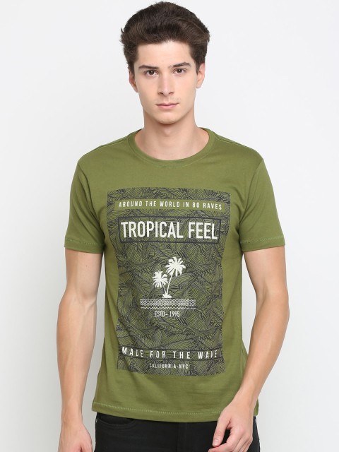 

Newport Men Olive Green Printed Round Neck T-shirt