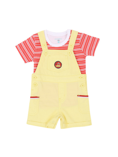 

Pantaloons Baby Boys Yellow & Pink Striped T-shirt with Dungaree