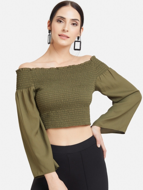 

Kazo Women Olive Green Solid Smocked Bardot Top
