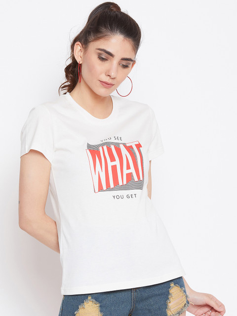 

THE SILHOUETTE STORE Women White Printed Round Neck T-shirt
