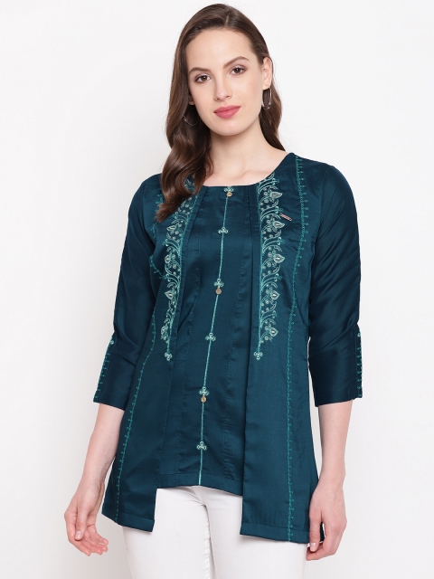 

Kvsfab Women Teal Green Embroidered A-Line Kurti