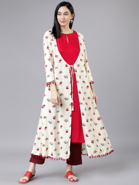 Women Off-White & Red Printed A-Line Kurta