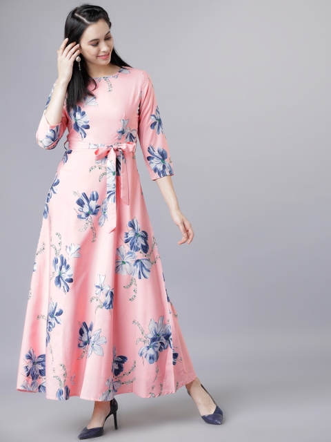 Pink Floral Print Maxi Belted Dress