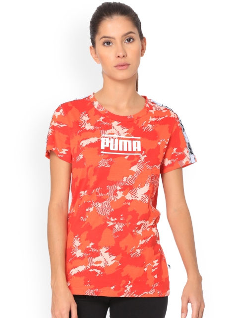 

Puma Women Orange Printed Round Neck T-shirt Camo Pack AOP Tee Wmns Peach Bud-AOP