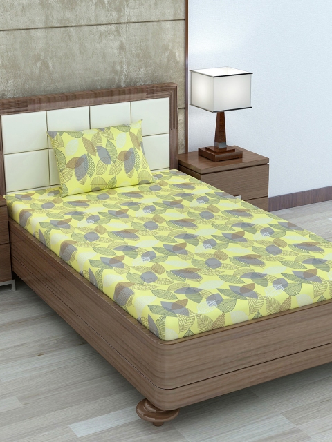 

Divine Casa Yellow & Grey Floral 180 TC Cotton Single Bedsheet with 1 Pillow Cover