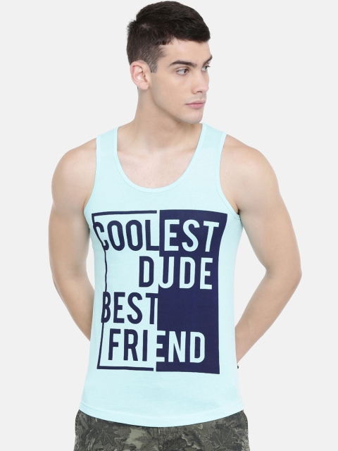 

IMYOUNG Men Turquoise Blue Printed Scoop Neck T-shirt