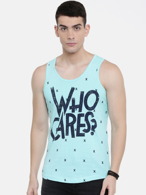 

IMYOUNG Men Turquoise Blue Printed Scoop Neck T-shirt