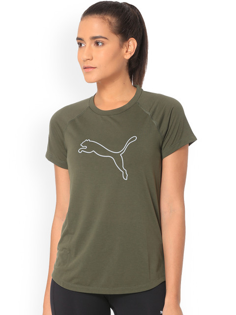 

Puma Women Olive Green Printed Round Neck T-shirt S S Logo Tee W Forest Night