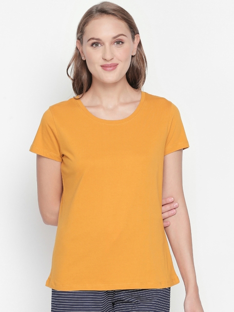 

Dreamz by Pantaloons Women Yellow Solid Round Neck Pure Cotton Lounge T-shirt