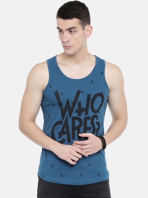 

IMYOUNG Men Blue Printed Scoop Neck T-shirt
