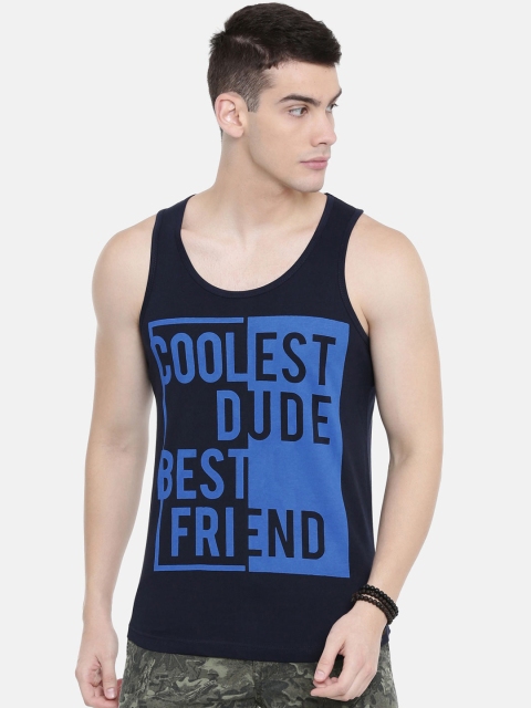 

IMYOUNG Men Navy Blue Printed Scoop Neck T-shirt