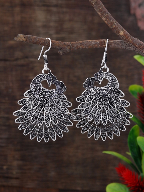 

Silvermerc Designs Silver-Plated & Grey Peacock Shaped Drop Earrings