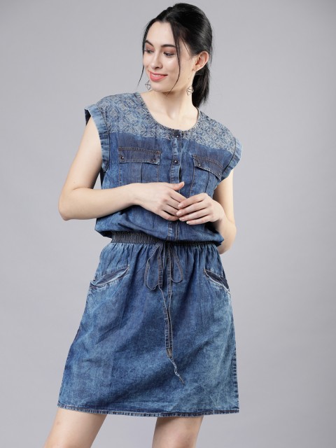 

Tokyo Talkies Women Navy Blue Denim Blouson Dress