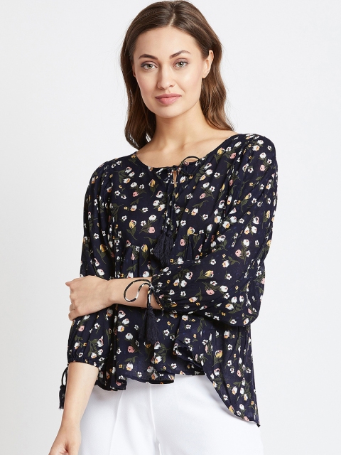 

COVER STORY Women Navy Blue Floral Print High-Low Top