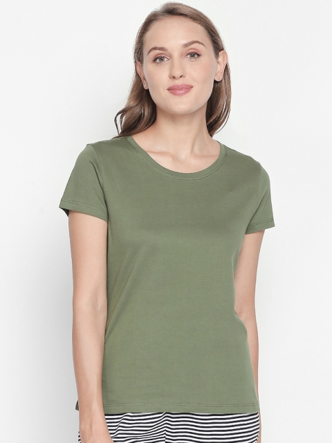 

Dreamz by Pantaloons Women Olive Green Solid Round Neck Pure Cotton T-shirt