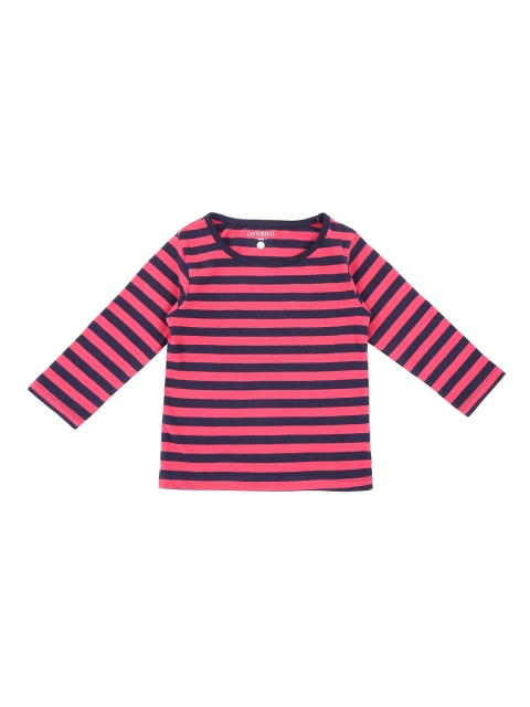 

Pantaloons Baby Girls Navy Blue Pink Striped Round Neck Pure Cotton T-shirt