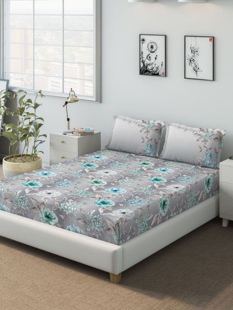 

DDecor Blue Floral 140 TC Cotton 1 Queen Bedsheet with 2 Pillow Covers
