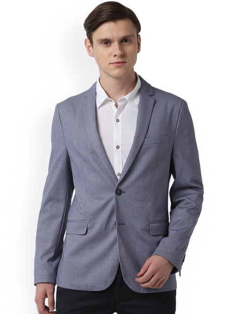 

Peter England Elite Men Grey Self-Design Slim-Fit Single-Breasted Blazer