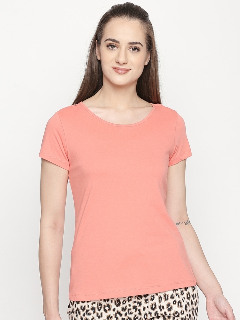 

Dreamz by Pantaloons Women Peach-Coloured Solid Round Neck Pure Cotton T-shirt