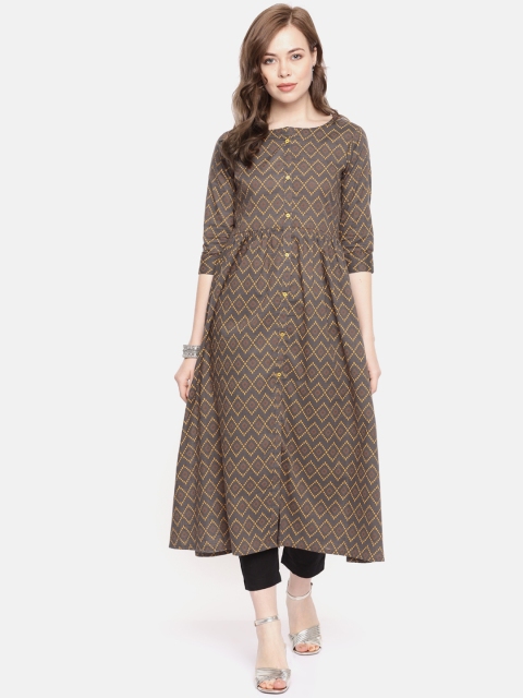 Alena Women Grey & Yellow Printed A-Line Kurta