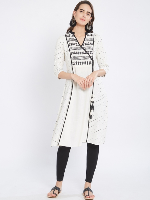 

Fusion Beats Women White & Black Embroidered A-Line Kurta
