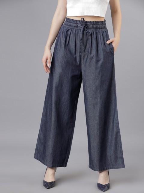 

Tokyo Talkies Women Navy Blue Solid Straight Palazzos