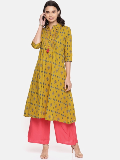 

Alena Women Mustard Yellow Printed A-Line Kurta