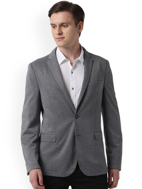 

Peter England Elite Men Grey Self-Design Slim-Fit Single-Breasted Pure Cotton Blazer
