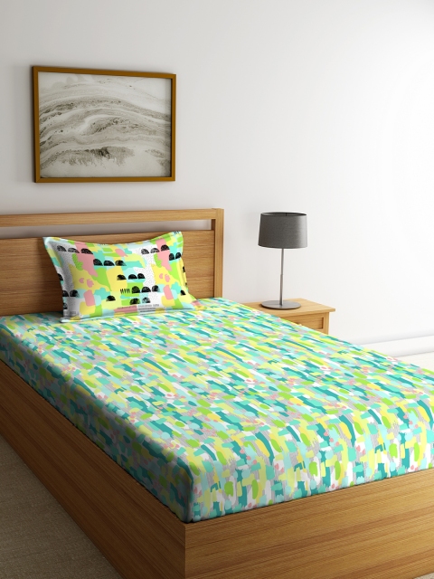 Portico New York Green Abstract 144 TC Cotton 1 Single Bedsheet with 1 Pillow Cover