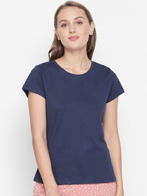 

Dreamz by Pantaloons Women Navy Blue Solid Round Neck Pure Cotton Lounge T-shirt