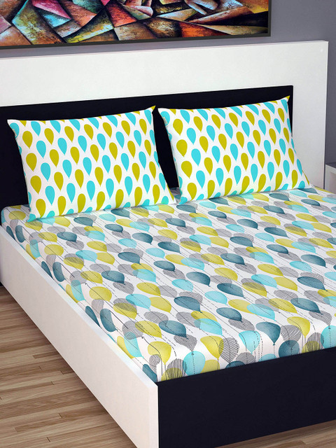 

Divine Casa Yellow & Turquoise Blue Abstract 144 TC Cotton 1 Queen Bedsheet with 2 Pillow Covers