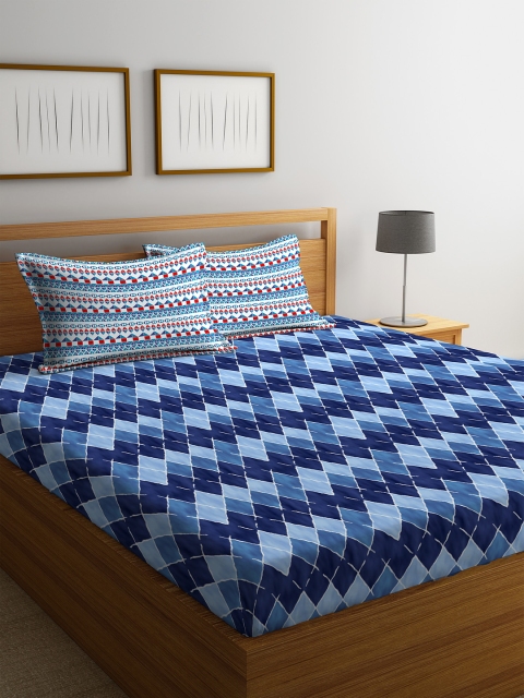 

Portico New York Blue Geometric 144 TC Cotton 1 Queen Bedsheet with 2 Pillow Covers