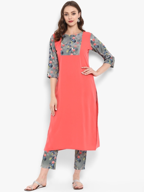

ZIYAA Women Peach-Coloured & Grey Yoke Design Kurta with Trousers