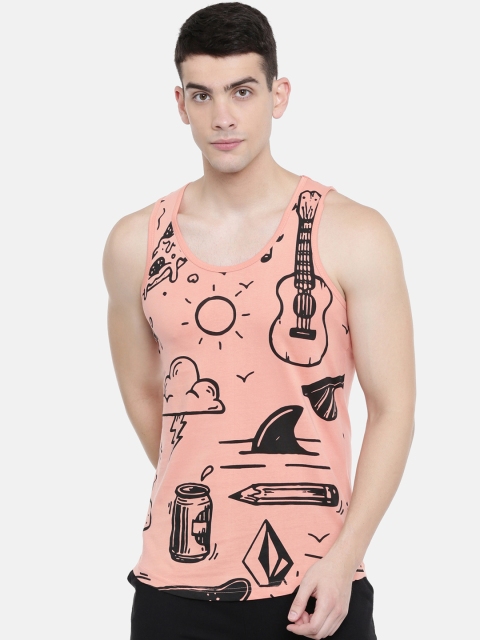 

IMYOUNG Men Peach-Coloured Printed Scoop Neck T-shirt